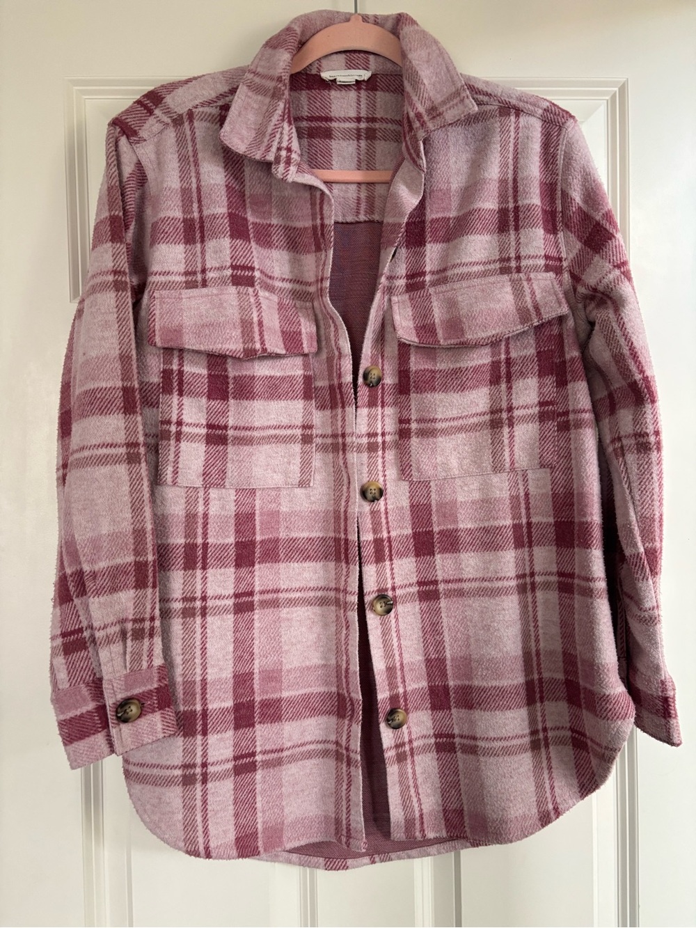 beachlunchlounge Plaid Button-Down Shacket in Dusty Rose and Mauve